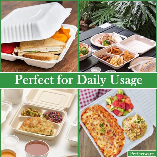 100% Compostable 3 Comp Take Out Food Containers 9x9x 3. 200 Containers, Natural Disposable Bagasse, Eco-Friendly Biodegradable Made of Sugar Cane