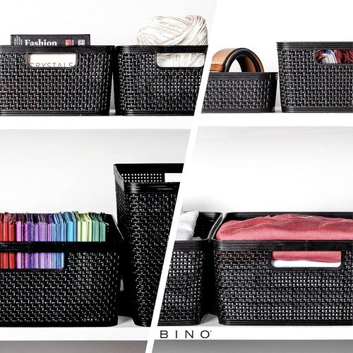 BINO Woven Plastic Basket - Medium Black 4-Pack | Stylish Home Organization & Space-Saving Storage