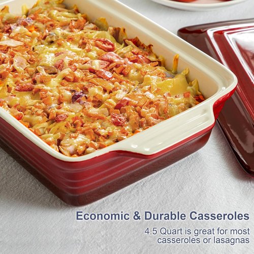LOVECASA 4.5 Quart Ceramic Casserole Dish - Oven & Dishwasher Safe Lasagna Pan with Lid | Gradient Red