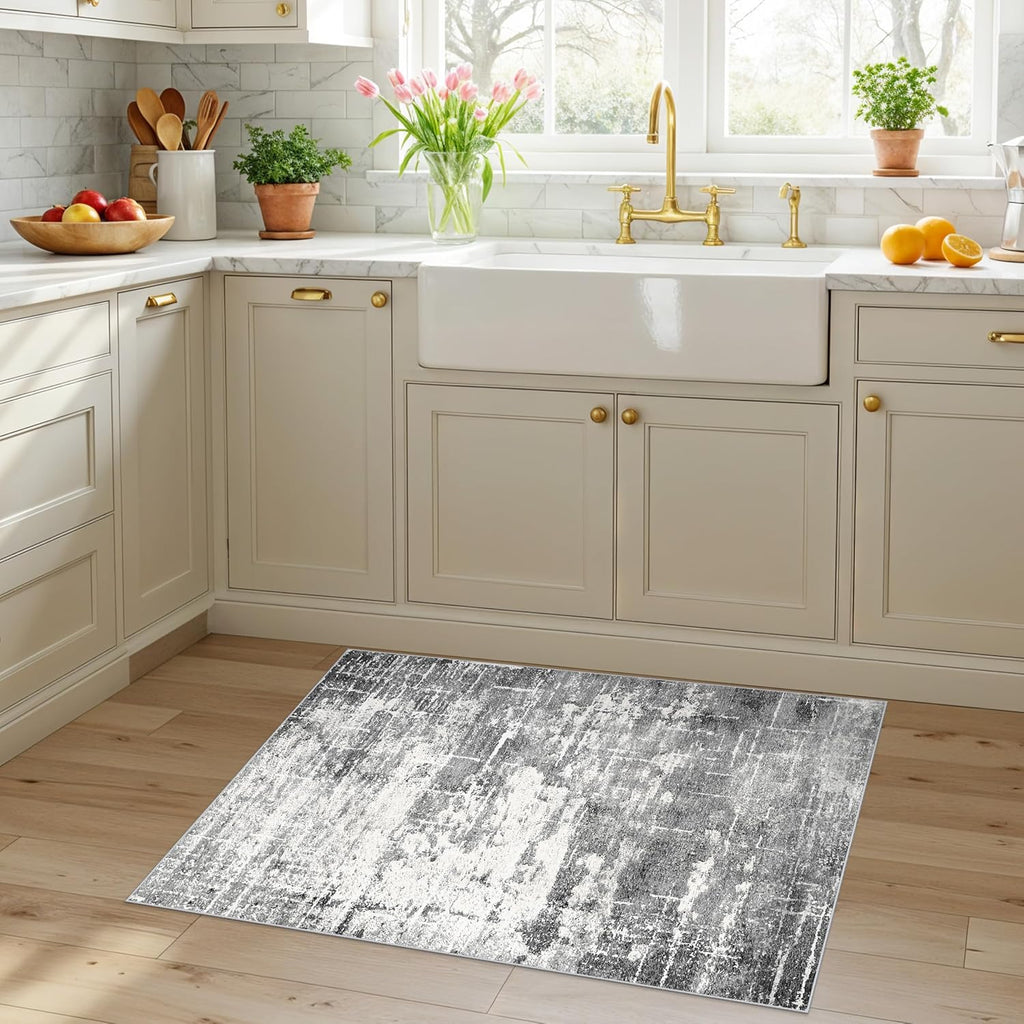 Skiennix Washable Area Rug - Abstract Water-Resistant Non-Slip Doormat | 2x3 ft, Black/Grey for High-Traffic Areas