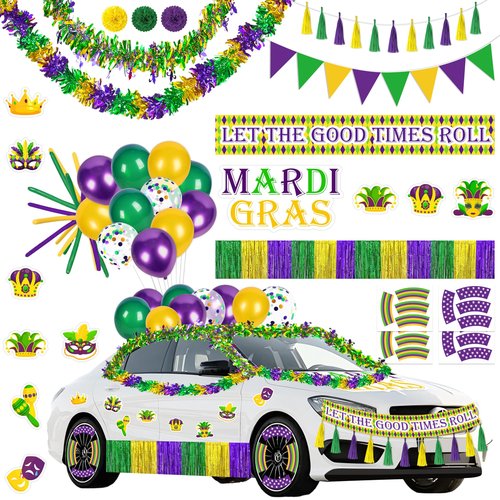 54Pcs Mardi Gras Float Parade Car Decorations Kit - Purple Green Gold Tinsel Garlands Banners Balloons for Vehicle Carnival Party Decor