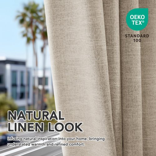 Deconovo Faux Linen 100% Blackout Curtains with Hidden Tabs & Pleat Tape, Tiebacks Included, Thermal Insulated Noise-Reducing Drapes for Bedroom & Living Room, Dark Beige, 50W x 108L, 2 Panels