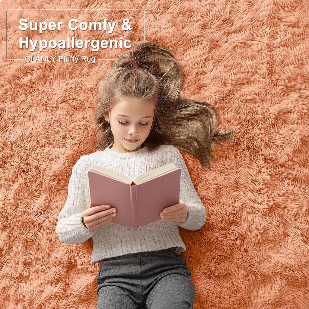 OLANLY 3x5 Soft Fluffy Shaggy Rug - Machine Washable Indoor Carpet for Kids & Nursery | Muted Orange