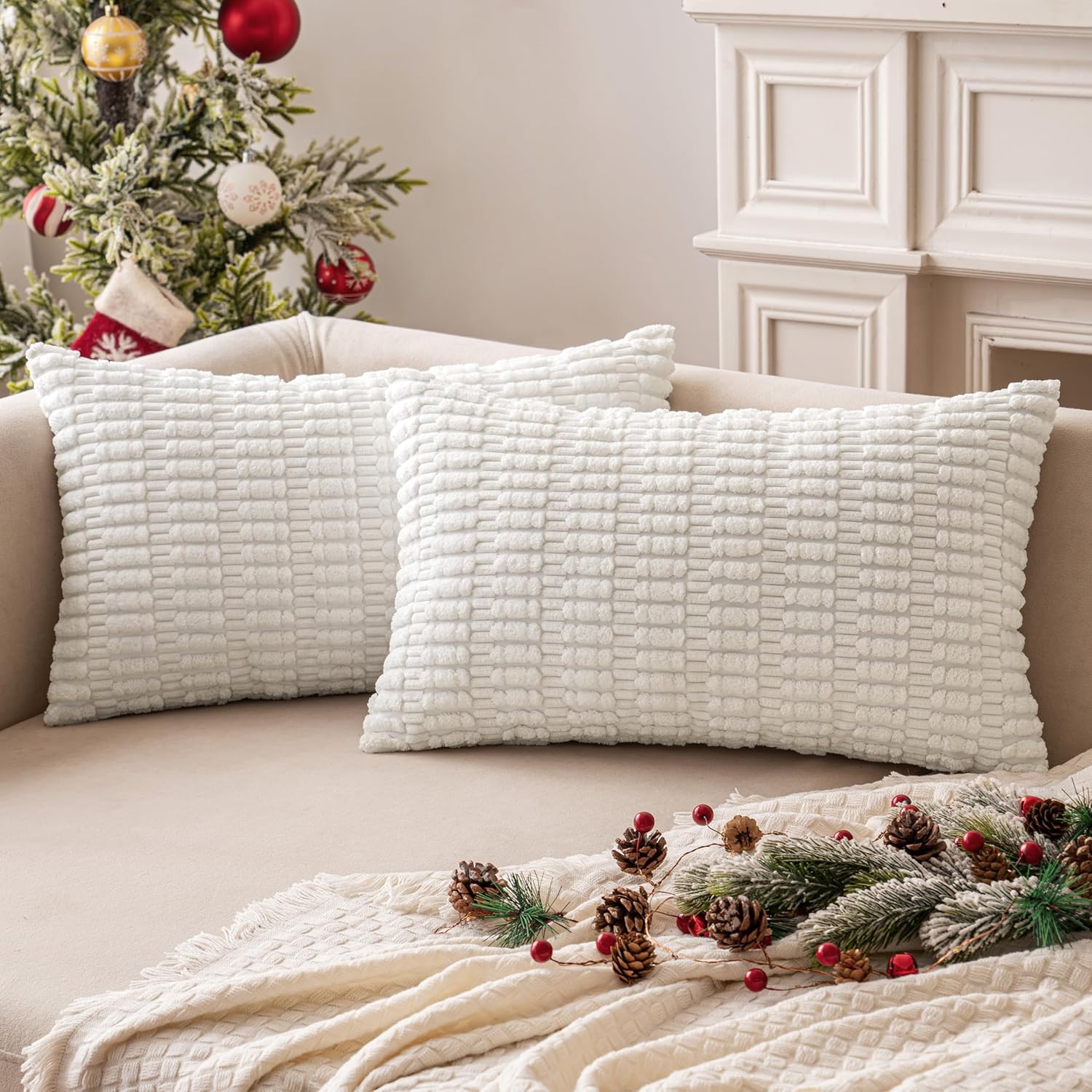 MIULEE Corduroy Decorative Lumbar Pillow Covers - Soft Boho Striped Design | 20x12 Inch, Pure White