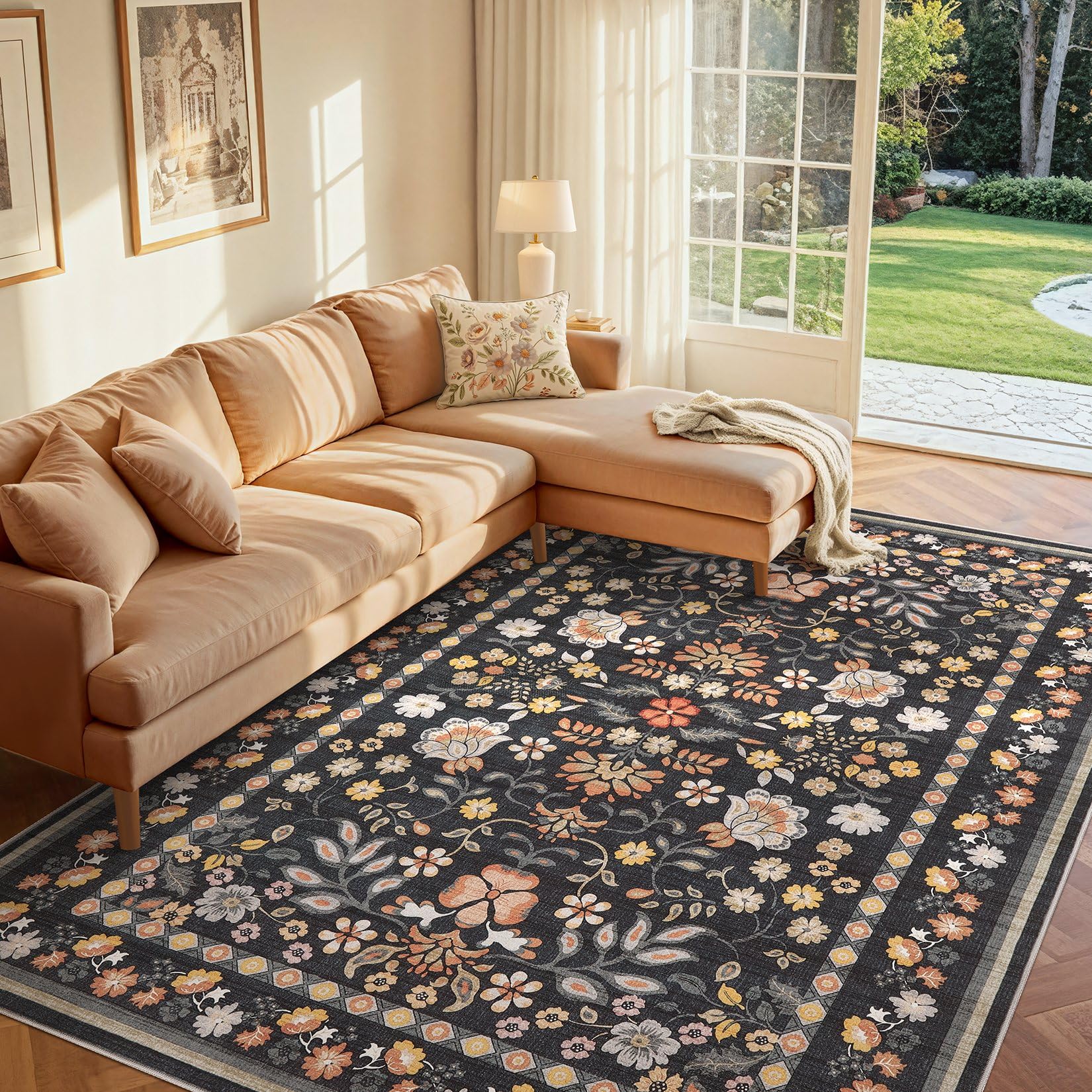 UERMEI Runner Rug for Hallways Kitchen: 2x6 Washable Area Rug Boho Floral Soft Long Rug - Non-Slip Low Pile Throw Indoor Carpet for Entryway Kitchen Bedroom Laundry Bathroom - Black Grey