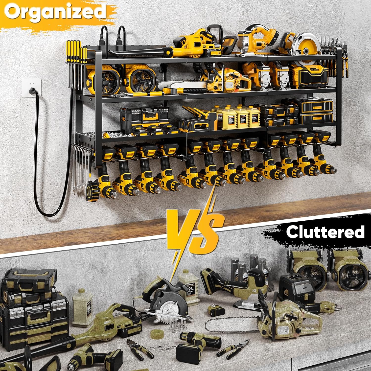 POKIPO Large Power Tool Organizer - Wall Mount Charging Station with 8 Outlet Power Strip | 49.5" 4-Tier Heavy Duty Storage for 12 Cordless Drills, 800 lb Load Capacity