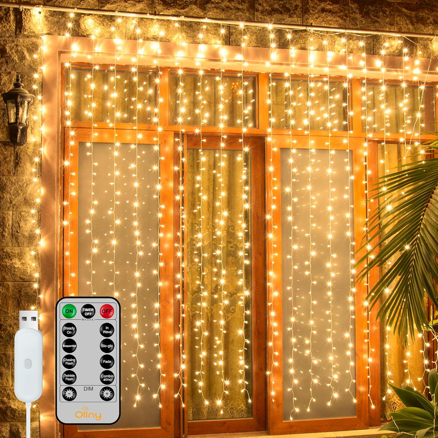 Ollny Curtain Lights - 200 LED String Lights with Remote & Timer | 6.6x6.6ft Warm White Fairy Light for Indoor Decor