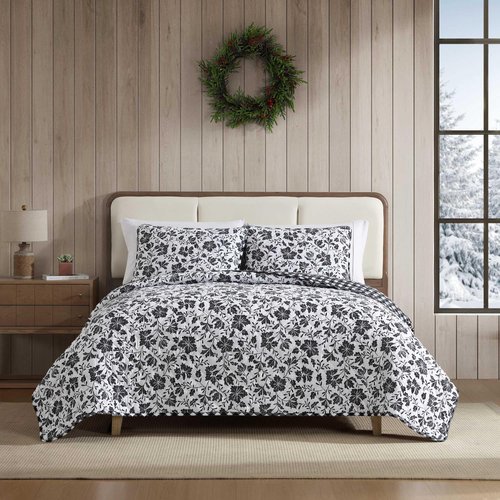Eddie Bauer - Twin Quilt Set, Cotton Flannel Bedding with Matching Sham, Rounded Corners, Diamond Corner Stitch, Dorm Essentials (Woodblock Floral Black)