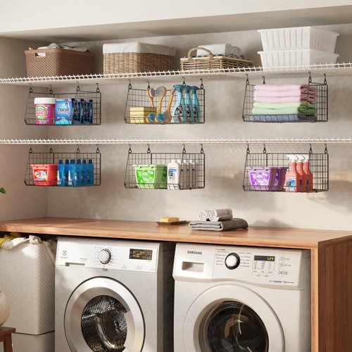 3-Pack Hanging Laundry Room Organizaton：Foldable Laundry Basket Wire Basket with 360°Rotating Hooks Small Space Organization Over Washer and Dryer Shelves - Hanging Closet Organizer, Black Patent