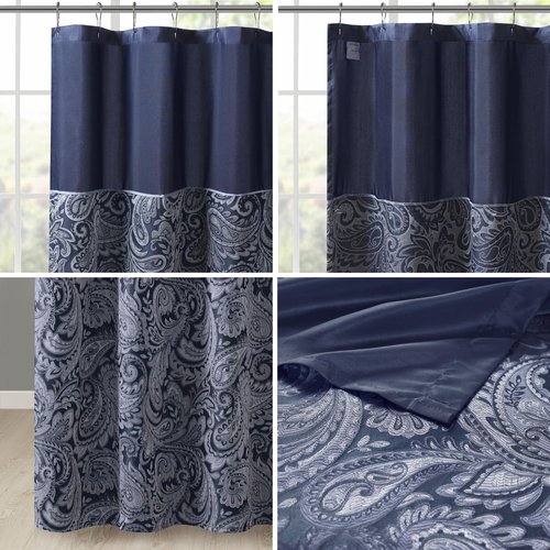 Madison Park Aubrey Shower Curtain Paisley Jacquard Pieced Microfiber Faux Silk Modern Home Bathroom Decorations Bathtub Privacy Screen, Decorative Bathroom, 72" x 72", Navy