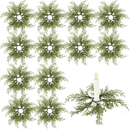 Canlierr Christmas Pine Taper Candle Rings - 12 Pack Mini Holders for Holiday Decor | 1.38 Inch