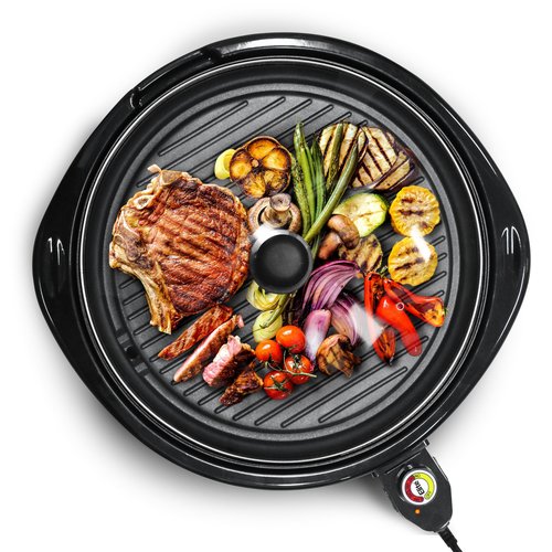 Elite Gourmet EMG-980BX Large Indoor Electric Round Nonstick Grill Cool Touch Fast Heat Up Ideal Low-Fat Meals Dishwasher Safe Includes Glass Lid, 14", Black