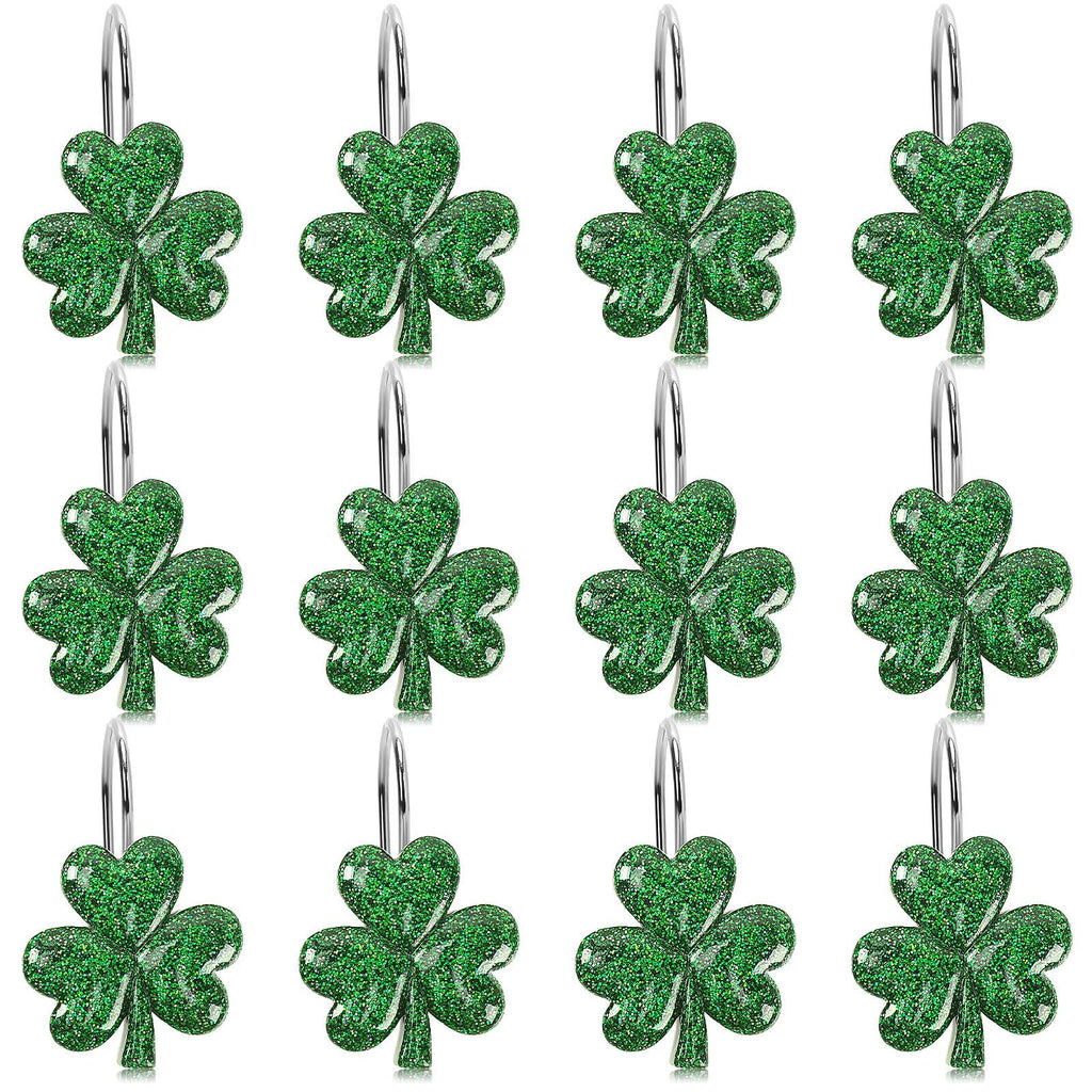 BOARDFEB Sparkling Shamrock Shower Curtain Hooks, 12Pcs St. Patrick's Day Decor with Glitter Clover Design for Festive Bathroom Party Accents