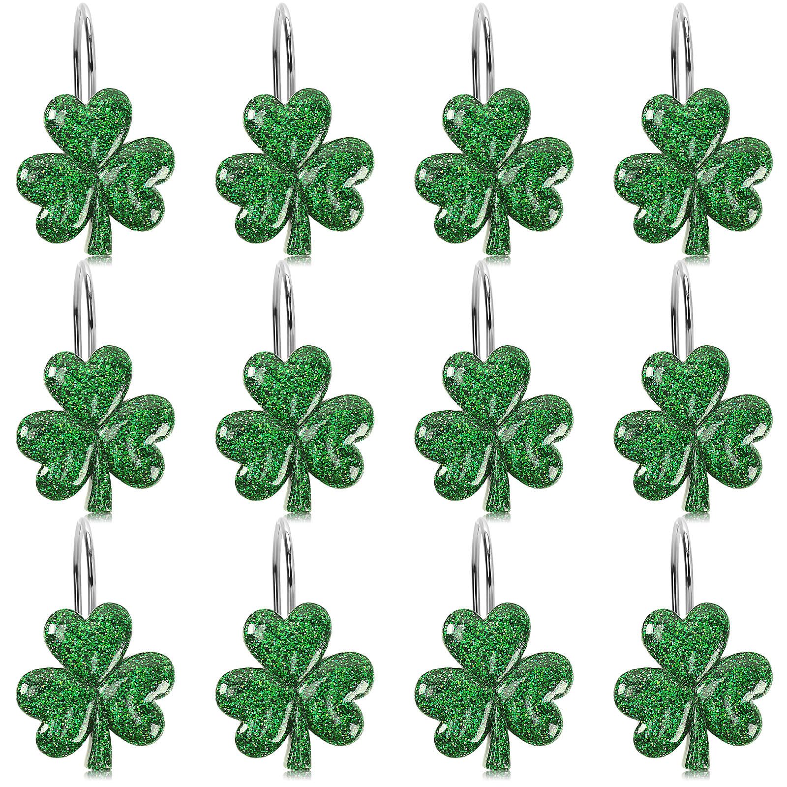 BOARDFEB Sparkling Shamrock Shower Curtain Hooks, 12Pcs St. Patrick's Day Decor with Glitter Clover Design for Festive Bathroom Party Accents