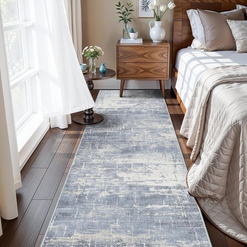 **Hallway 2x10 Washable Runner Rug - Abstract Low-Pile Stain Resistant | Cozy Non-Slip Area Rug in Blue/Ivory**