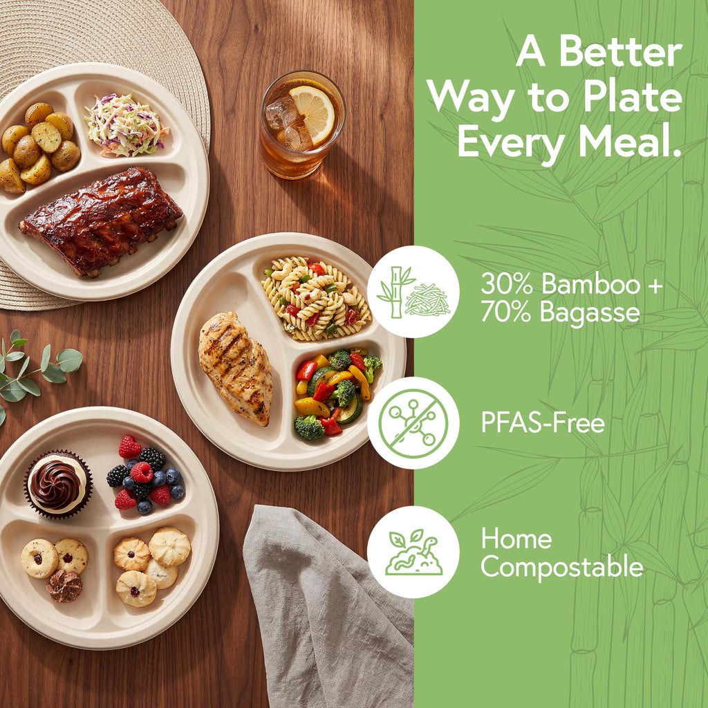Jenvita Bamboo Paper Disposable Plates with Compartment (500-Pack, 9-inch) - Sturdy & Microwave Safe | Disposable Sectioned Plates | PFAS Free, Biodegradable | FSC Certified Alternative to Plastic