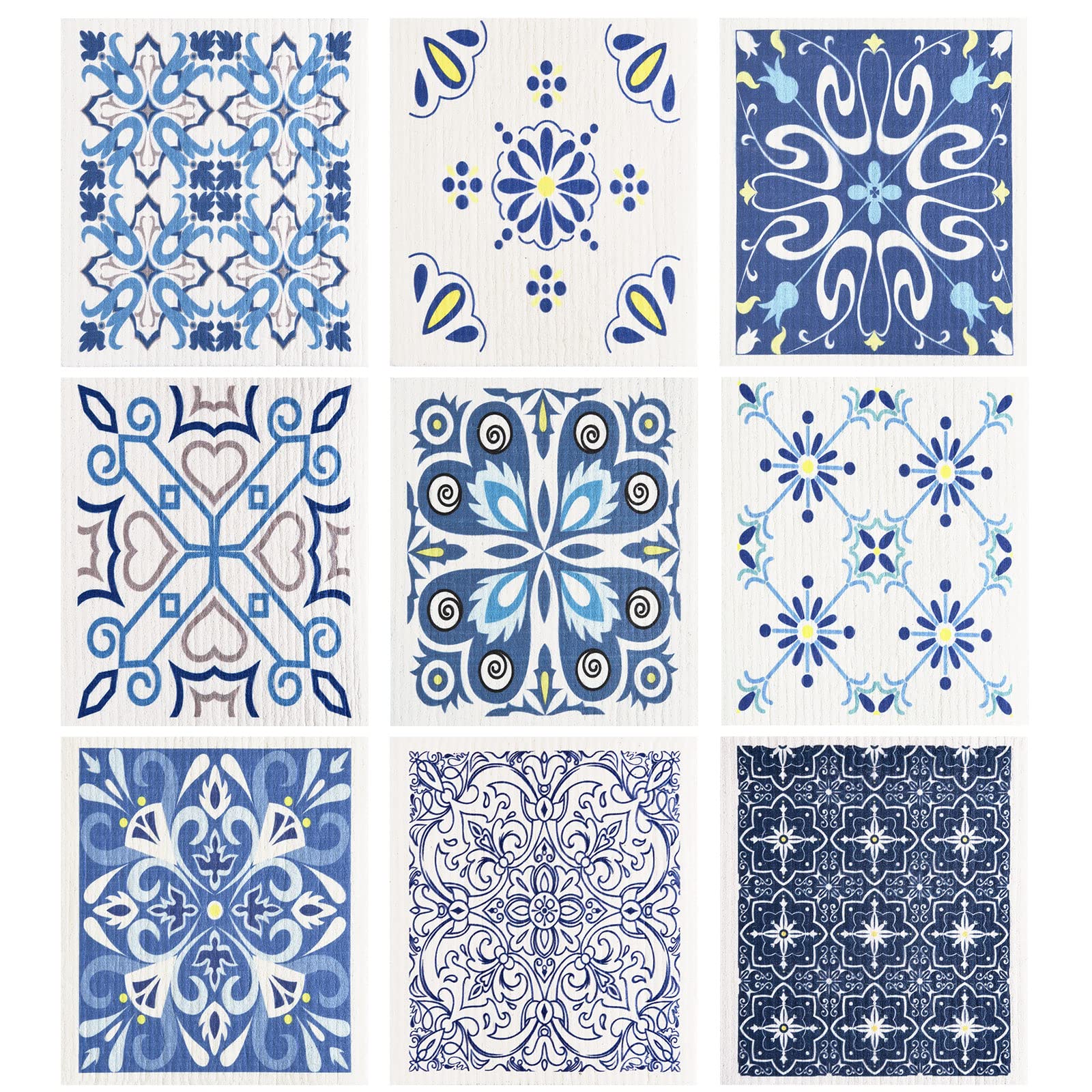 WILLBOND 9 Pieces Blue Style Swedish Kitchen Dishcloths Reusable Absorbent Hand Towels Sponge Cloth for Baking Cooking Kitchen Home Decoration Housewarming Gift