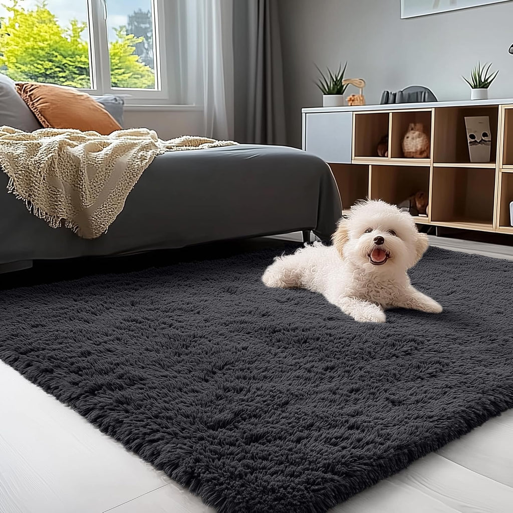 OLANLY Area Rugs - Soft Fluffy Shaggy Indoor Carpet for Living Room & Bedroom | Machine Washable, Black