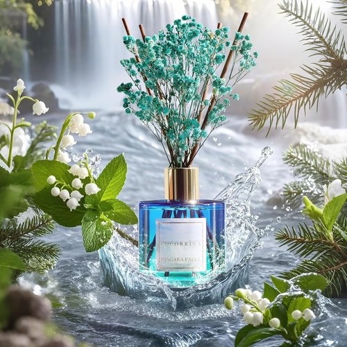 Cocorrína Reed Diffuser - Niagara Falls 6.7 Fl. Oz Set with 8 Sticks & Preserved Baby's Breath | Home Decor