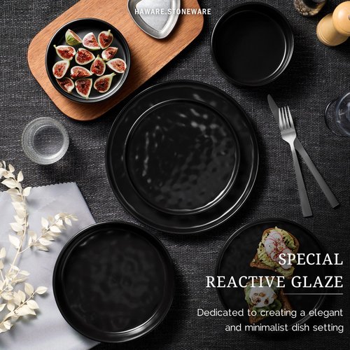 HaWare Dinnerware Sets, 12-Piece Plates and Bowls Set, Stoneware Dish Set for 4, Ceramic Dinnerware for Home Restaurant, Chip and Scratch Resistant, Microwave and Dishwasher Safe, Matte Black
