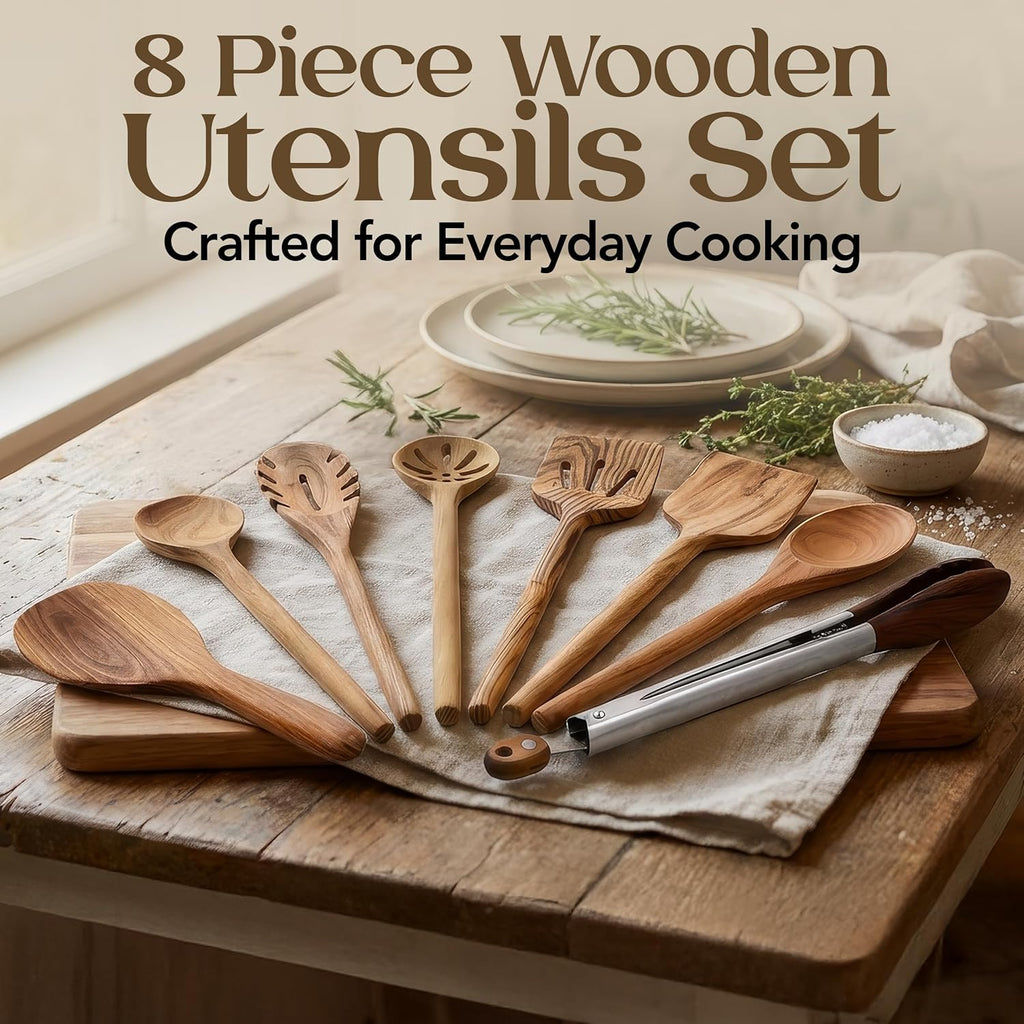 Skiennix 8-Piece Teak Wooden Cooking Spoons Set - Smooth Sanded Utensils with Comfortable Grip Handles