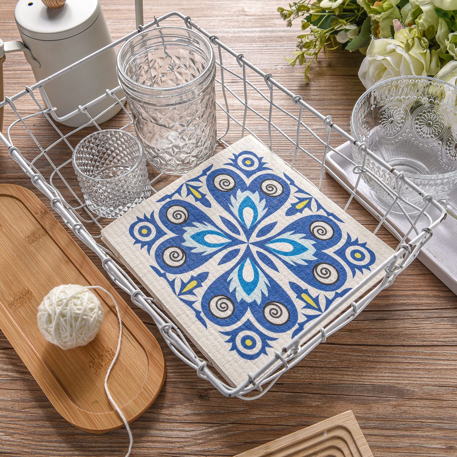 WILLBOND 9 Pieces Blue Style Swedish Kitchen Dishcloths Reusable Absorbent Hand Towels Sponge Cloth for Baking Cooking Kitchen Home Decoration Housewarming Gift