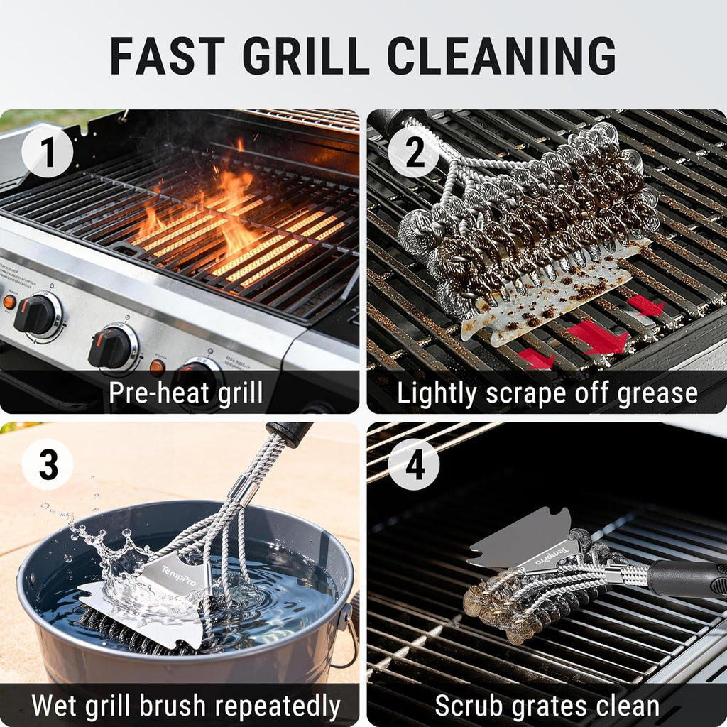TempPro BBQ Grill Brush - Bristle-Free Stainless Steel Cleaner for Safe Grilling | Ideal BBQ Accessory