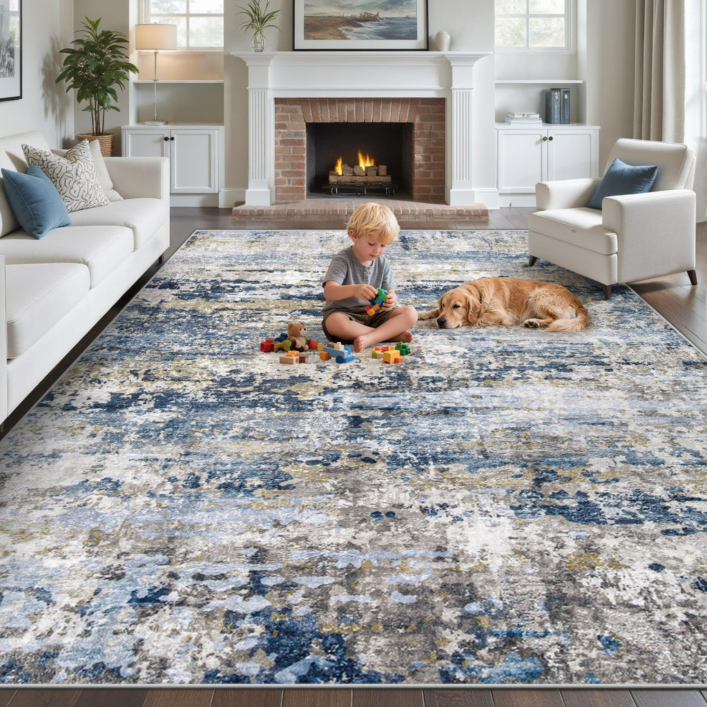 pmtsns Area Rugs 8x10 for Living Room: Washable Rug Modern Abstract Neutral Soft Non-Slip Low-Pile Indoor Large Carpet for Bedroom Dining Room Home Office Children's Room(Blue Grey Brown, 8'x10')