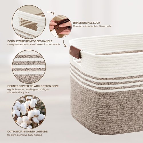 SunNewt 72L Large Laundry Basket with Leather Handles for Living Room Storage, Woven Rope Baskets Bin for Blanket, Kids Toy, Gifts, Wicker Hamper for Bedroom Dirty Clothes, 22"x17"x12" White Brown