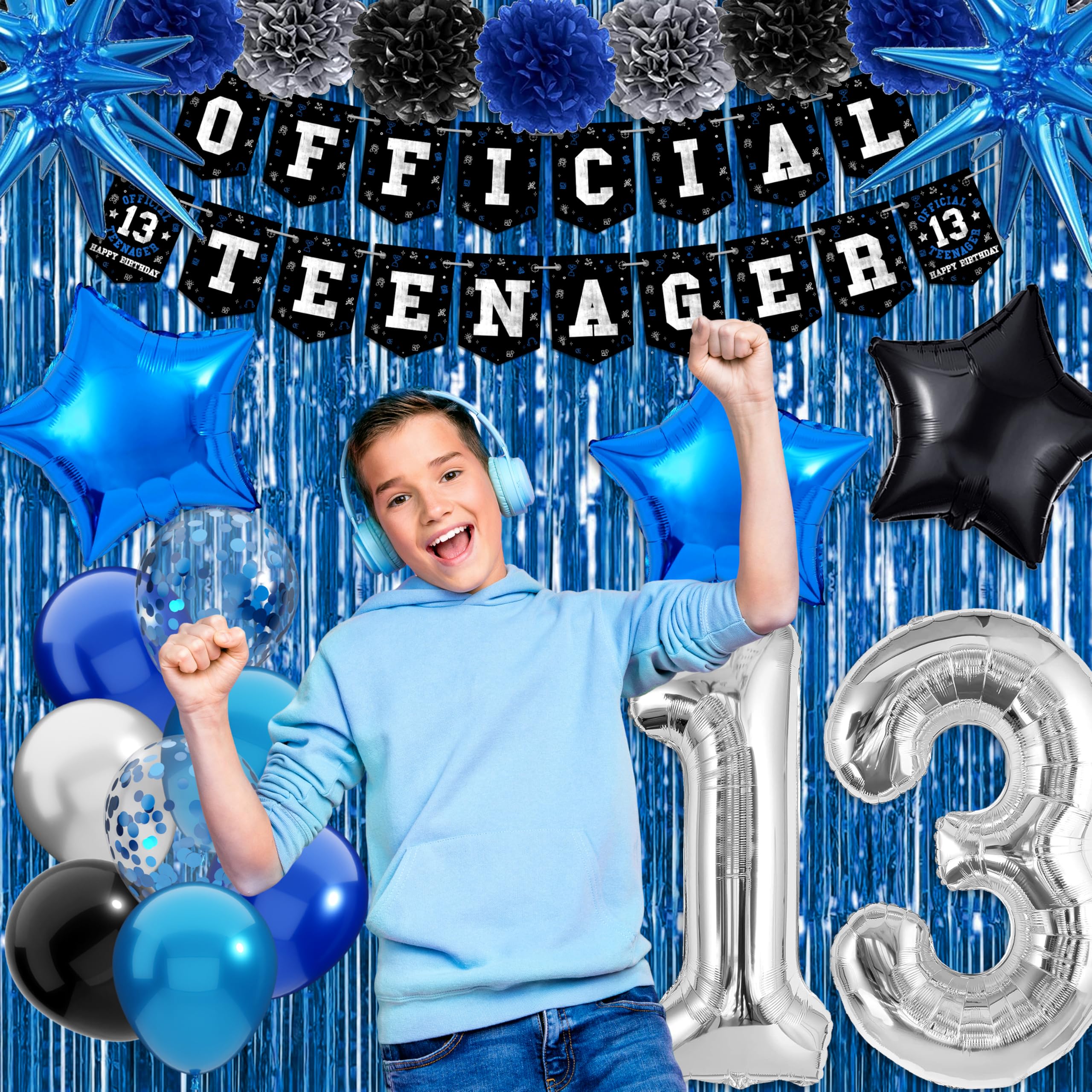 13th Birthday Decorations for Boys, Official Teenager Happy 13th Birthday Decor with Banner Backdrop Tablecloth & Number 13 Balloon Arch Kit for 13 Year Old Birthday Party Supplies(Black Blue)