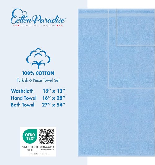 Cotton Paradise 6-Piece Towel Set - 100% Soft Absorbent Turkish Towels | Sky Blue Bath Towels, Hand Towels & Washcloths