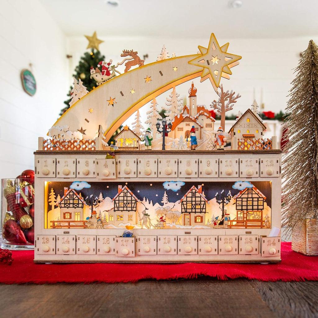 Best Choice Products Wooden Advent Calendar - Shooting Star Holiday Decoration with LED Lights
