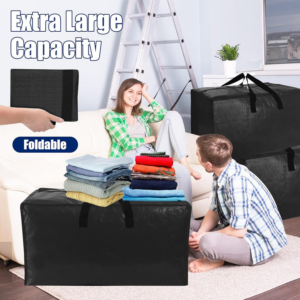 Sweet Dolphin Extra Large Moving Bags - Heavy Duty Storage Totes with Strong Zippers & Handles | 6 Pack, Black