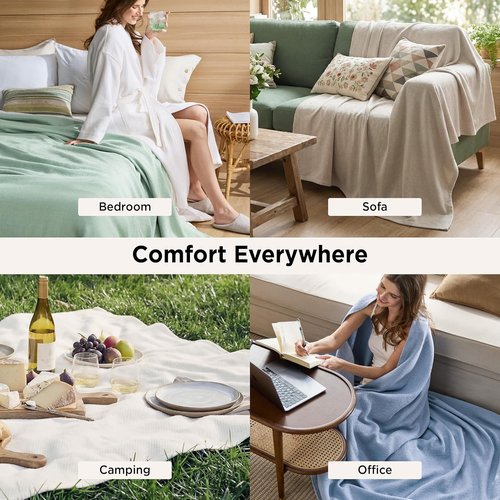 Bedsure GentleSoft 100% Cotton Blanket - Breathable, Lightweight Herringbone Design, Linen Beige, 90x90 Inches
