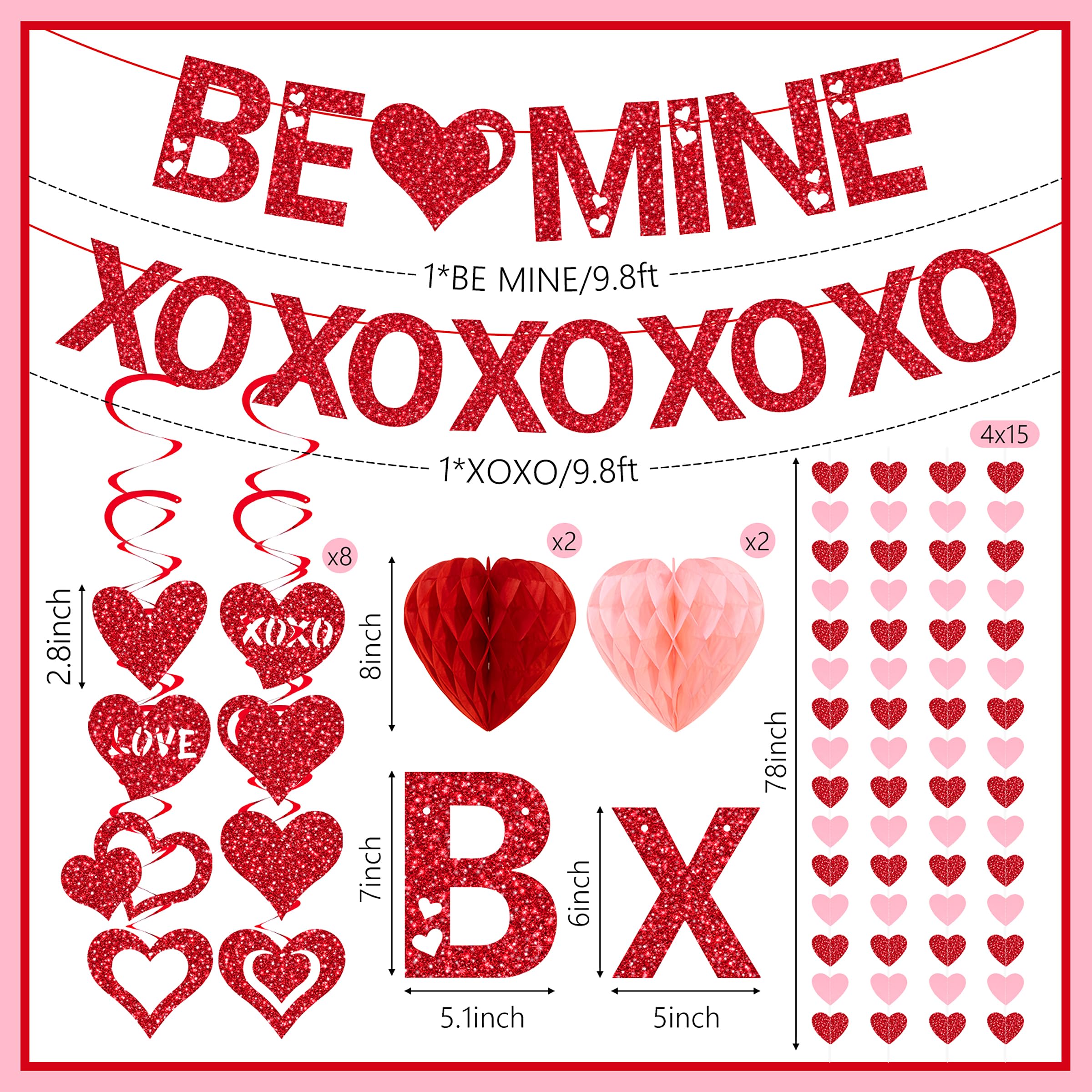Pre-Strung Valentines Day Decorations, Red BE Mine XO Valentine's Banner,Heart Garlands & Hanging Swirls & Heart Honeycomb for Party Supplies, Valentines Decor Home Anniversary Wedding Bedroom