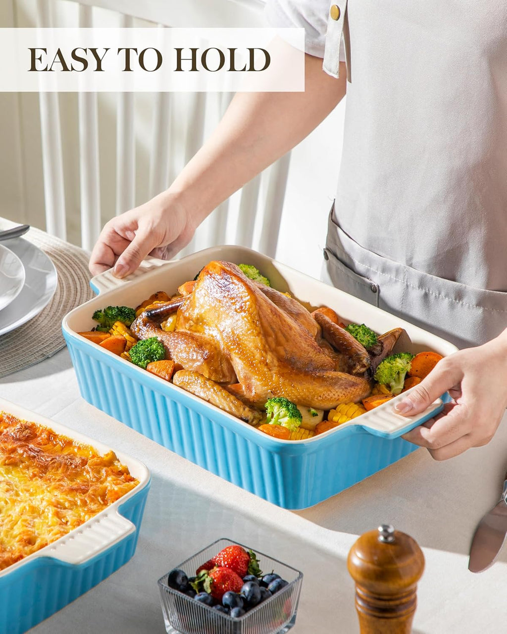 MALACASA 4.4 QT Baking Dish - Large 9x13 Ceramic Casserole Pan with Handles - Microwave Safe, Blue