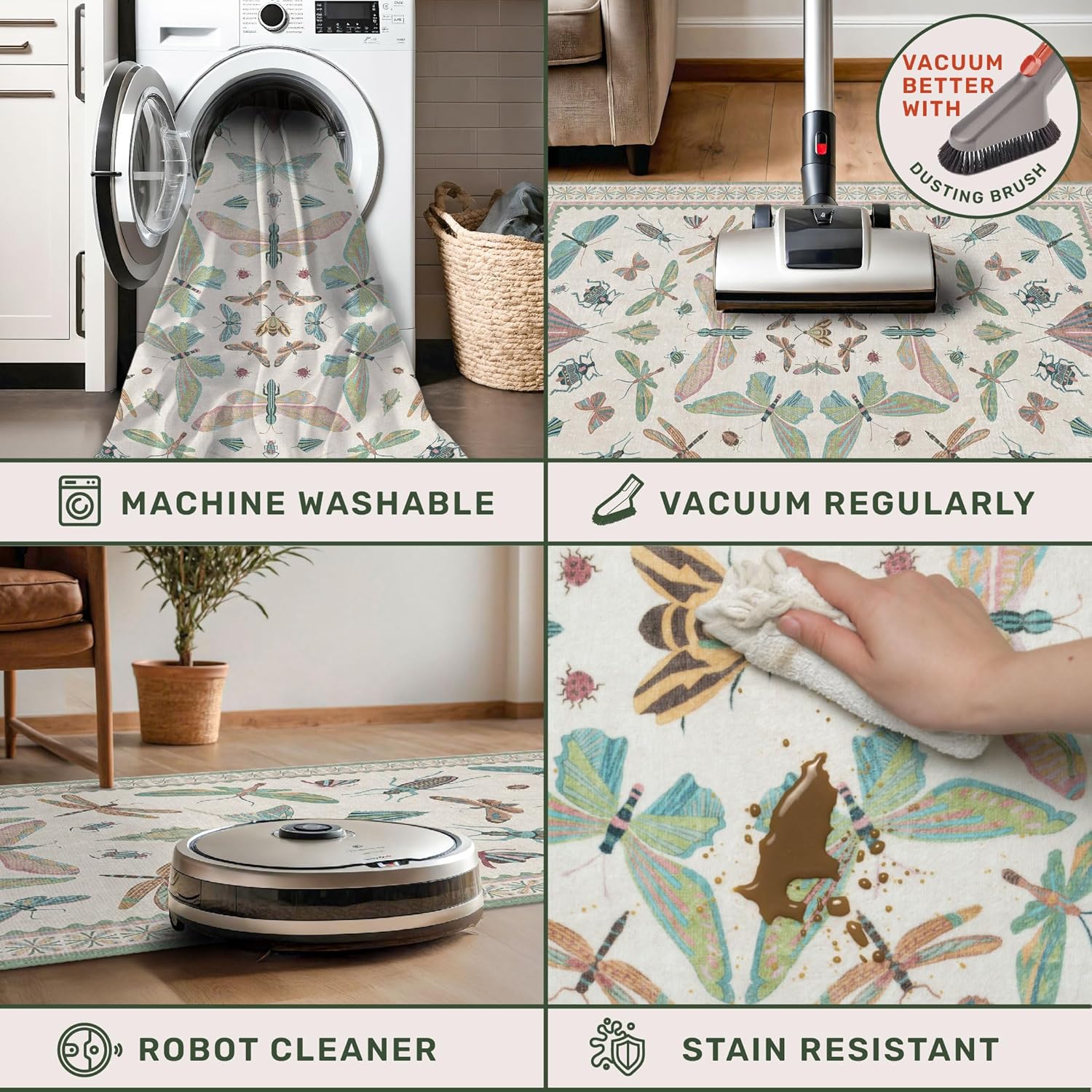 Regine Switzerland Washable Sage Green Large Entryway Rug - Non-Slip Vintage Floral Design, 3x5