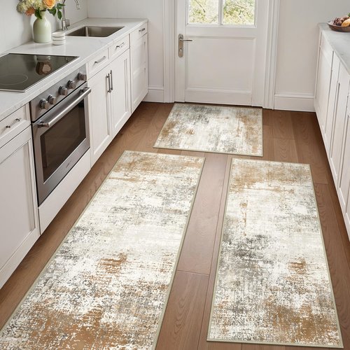 GENIMO Kitchen Rugs Sets of 3 Non Slip Washable Kitchen Mats for Floor, Waterproof Abstract Kitchen Runner Rug, Floor Mat Carpet for Hallway, Laundry, Sink, Entryway, Bathroom, Gold