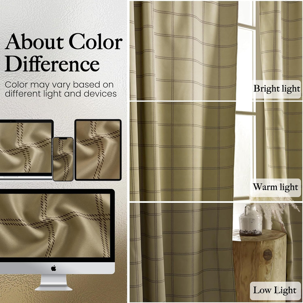 NICETOWN 100% Blackout Curtains - Plaid Farmhouse Design | 84-Inch Long, 2 Panels Set, Thermal Insulated, 52" W, Burlap