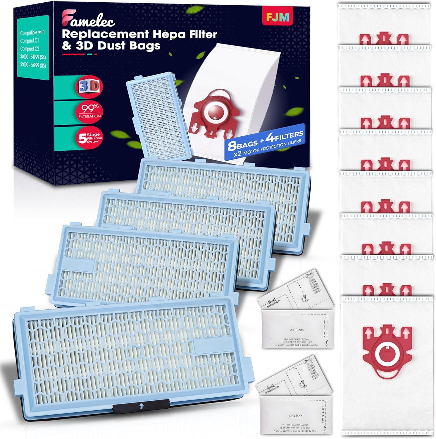 Miele 3D Airclean Vacuum Cleaner Bags - 8-Pack with 4 HEPA Filters & 2 Motor Filters for Compact C1/C2 Series