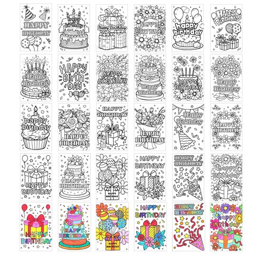 Birthday Coloring Cards - 24 Unique Blank Greeting Card Set with Cakes, Flowers & Gifts | DIY Art Craft for Kids, Adults | Holiday Gift Ideas for Mom, Friends | Thank You & Greeting Card Collection