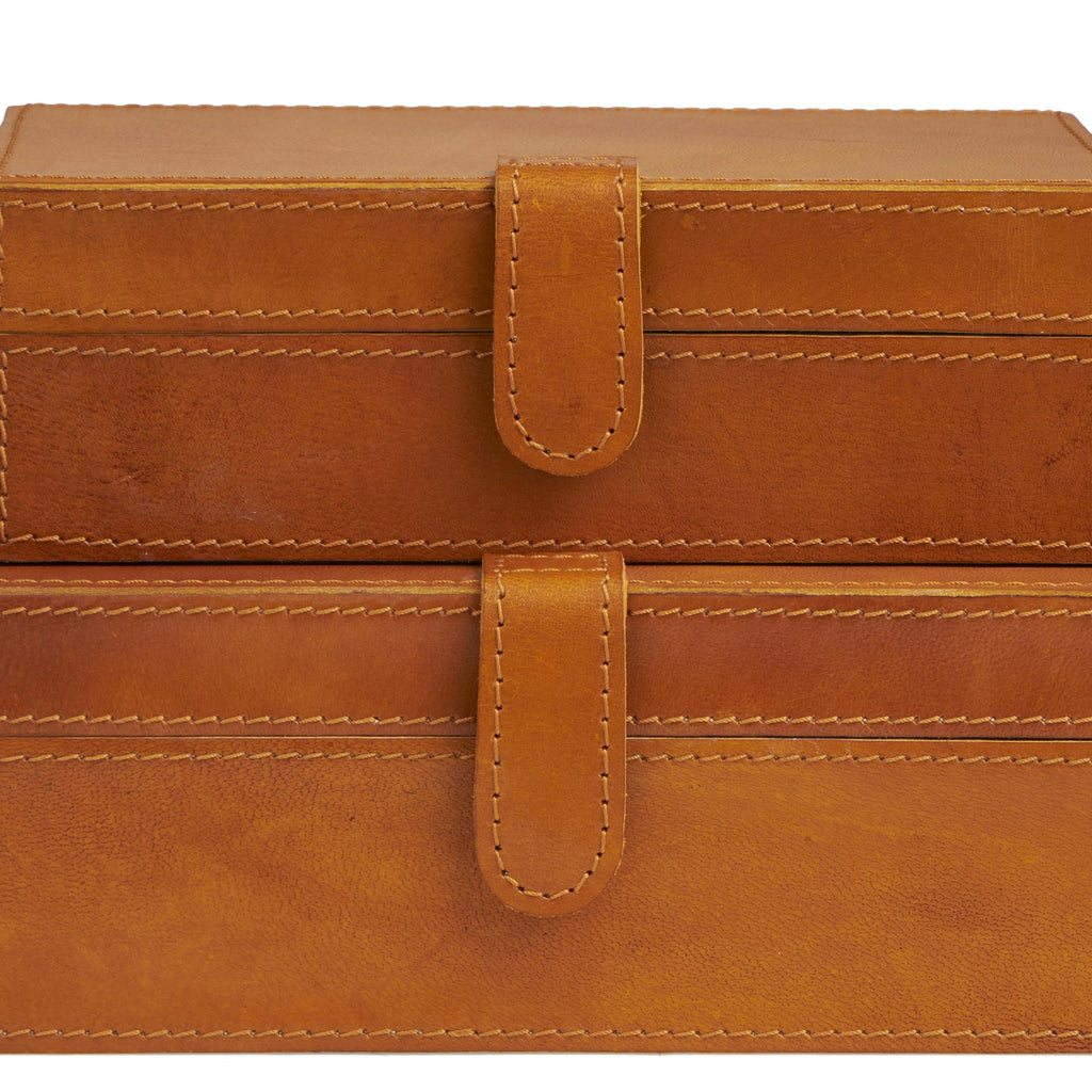 Deco 79 Leather Handmade Decorative Box Storage Decorative Keepsake Boxes with Snap Front Closure and Detailed Stitching, Set of 2 Storage Boxes 10", 8"W, Brown