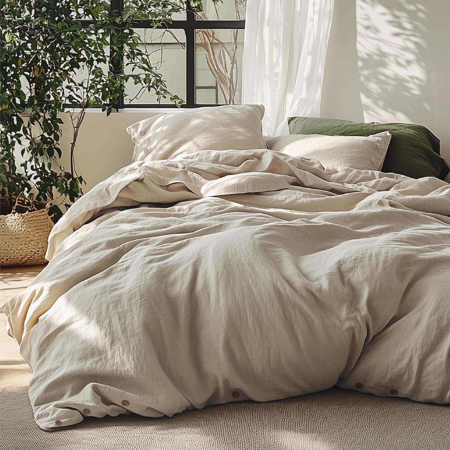 Bedsure Linen Duvet Cover Queen - Cooling & Breathable Linen Cotton Blend Bedding Set | 3-Piece Moisture-Wicking Design (Linen Color)