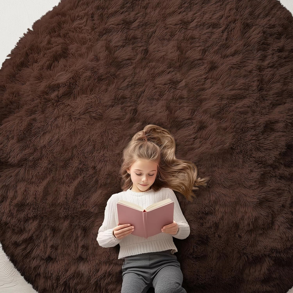 OLANLY Coffee Round Area Rug - Soft, Fluffy, Machine Washable 8 ft Circle Carpet for Bedroom & Living Room