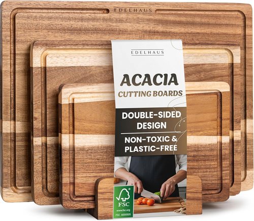 Acacia Wood Cutting Board Set - Non-Toxic, Durable & Double-Sided with Juice Groove | 3-Piece Chopping Boards for Meat, Cheese & Vegetables