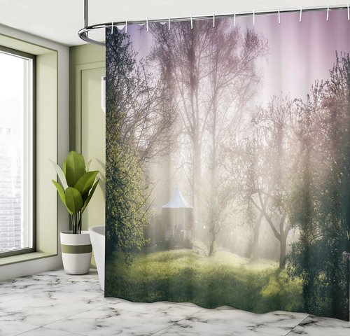 Ambesonne Landscape Shower Curtain, Pavilion in Moody Garden with Trees Misty Weather Foggy Nature Image, Cloth Fabric Bathroom Decor Set with Hooks, 69" W x 70" L, Mauve Green White