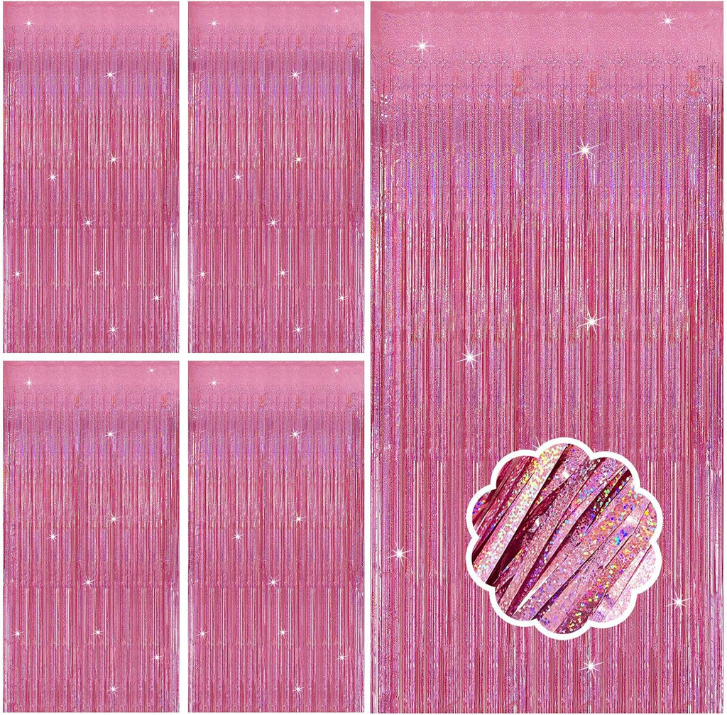 Skiennix 5 Pack Pink Tinsel Foil Fringe Curtains - Sparkly Backdrop for Valentine's & Birthday Celebrations