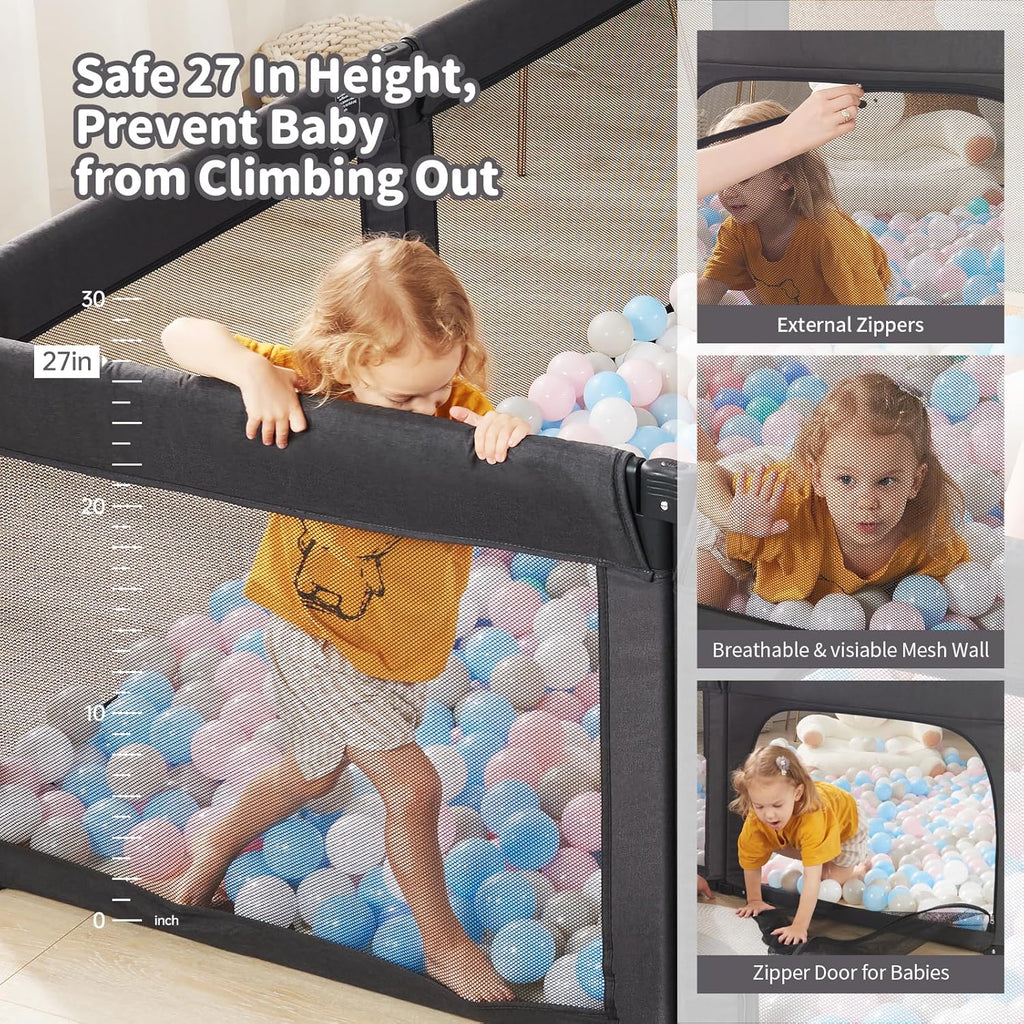 Skiennix Baby Playpen - Foldable Adjustable Play Yard with Door | Heavy-Duty Toddler Playpen, Black