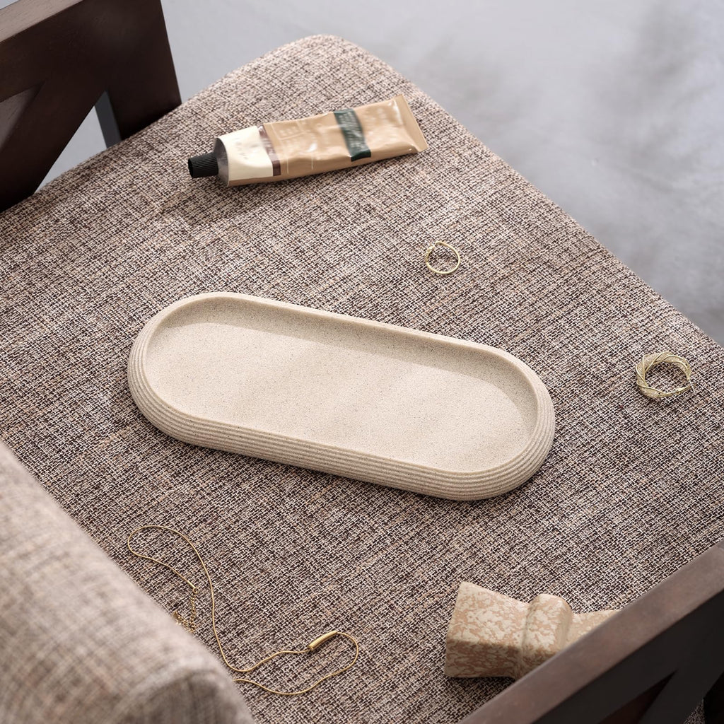 Haocoott Jewelry Tray Bathtub, Resin Stone Look Decorative Perfume Tray, Bathroom Marble Vanity Organizer Plate Holder for Ring Soap Towel Small Things on Kitchen Sink Countertop (Beige, Medium)