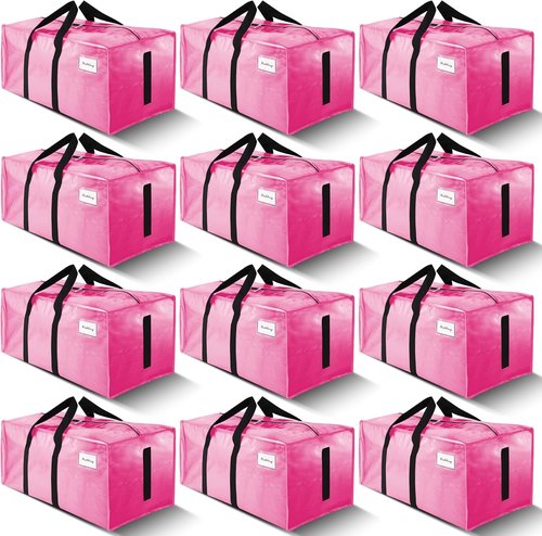Large Moving Bags by [Brand Name] - 12 Pack Water-Resistant Heavy Duty Storage Totes - Space-Saving Design (Pink)